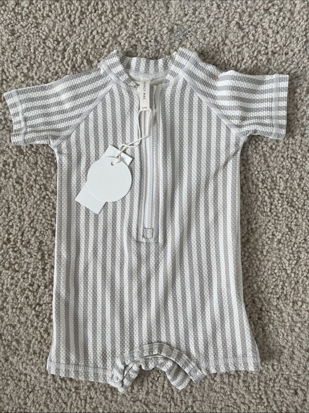 Quincy Mae Striped Knit Baby Swimsuit in Gray & White, 3-6 months